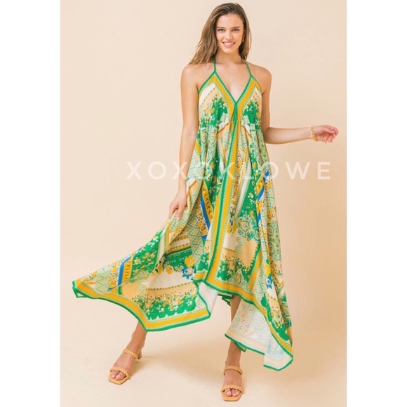 Boho Print Hanky Hem Halter Midi Dress - Picture 3 of 10